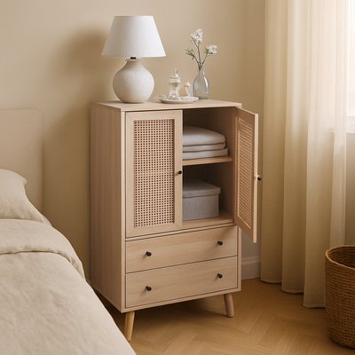 Armoire de rangement avec 2 portes 2 couches et 2 tiroirs Imitation chêne Scandinave, MELVINB MEUBLES COSY