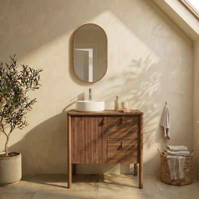 Meuble chêne 80cm sur pieds, vasque, robinet et miroir ovale JOY MOB IN