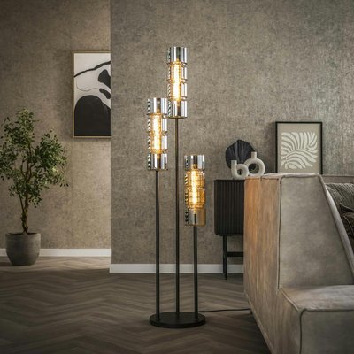 Lampadaire design en verre chromé, 3 abat-jour cylindriques RALF PIER IMPORT