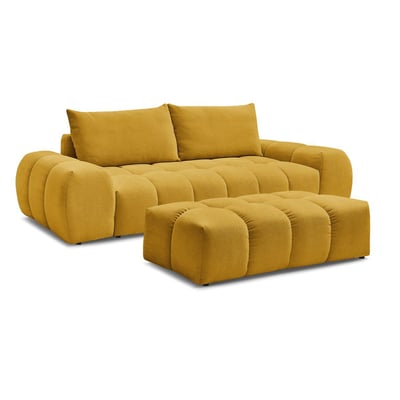 Canapé droit fixe 3 places en tissu texturé avec pouf, EVEREST BOBOCHIC