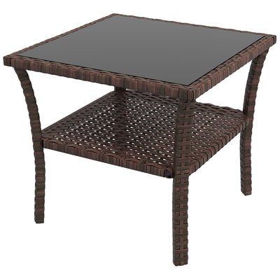 Table basse de jardin étagère plateau verre trempé résine tressée chocolat OUTSUNNY