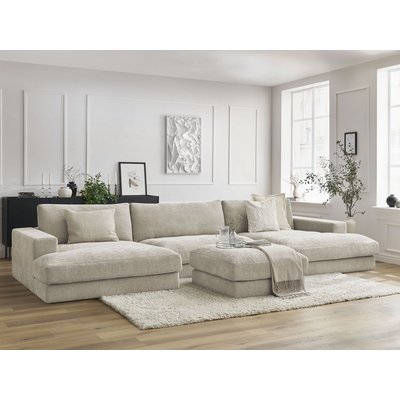 Canapé panoramique fixe 5 places en tissu texturé avec pouf, LEONARD BOBOCHIC