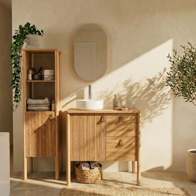 Meuble chêne 80cm, vasque, miroir, robinet et colonne JOY MOB IN