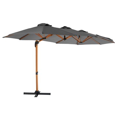 Parasol déporté 3 têtes avec mât rotatif 360° effet bois et housse de protection, TRIANO OVIALA