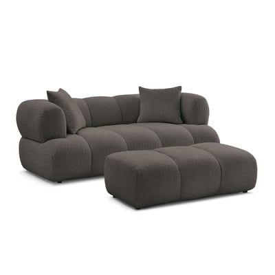 Canapé droit fixe 2 places en tissu bouclette avec pouf, PAMIRA BOBOCHIC