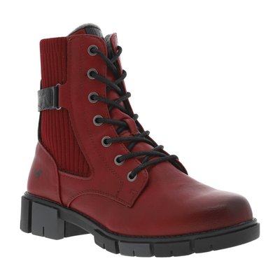 Boots FEMME fourrées rouges à tige stretch à talon bloc décroché bas et à lacets et zip latéral MUSTANG