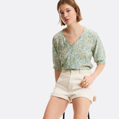 Blusa con scollo a V, maniche a 3/4, stampa floreale LA REDOUTE COLLECTIONS