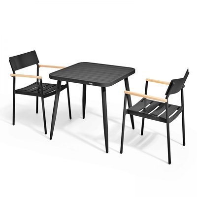 Salon de jardin table carrée et 2 fauteuils en aluminium/bois, BRISTOL OVIALA