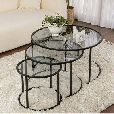 Table gigogne verre fumé - cadre noir (lot de 3) ⌀80 cm TULUM PIER IMPORT