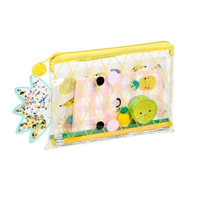 Trousse garnie Surprise Enfants 1 compartiment - 3 crayons à papier + 1 taille crayon + 1 gomme + 1 petit carnet + des autocollants - Fermeture Zip VIQUEL