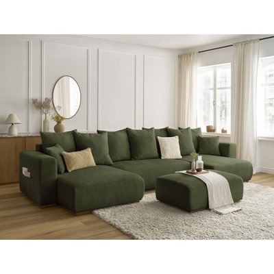 Canapé panoramique convertible 5 places en tissu chiné avec pouf, SIDONIE BOBOCHIC