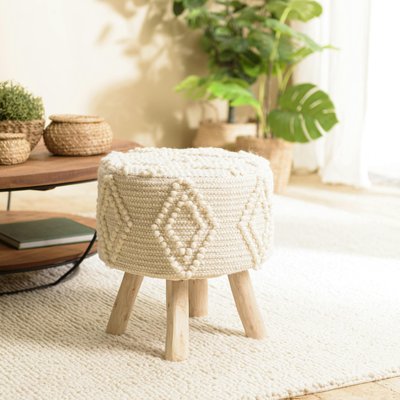 Tabouret rond laine ivoire avec losanges TIM PIER IMPORT