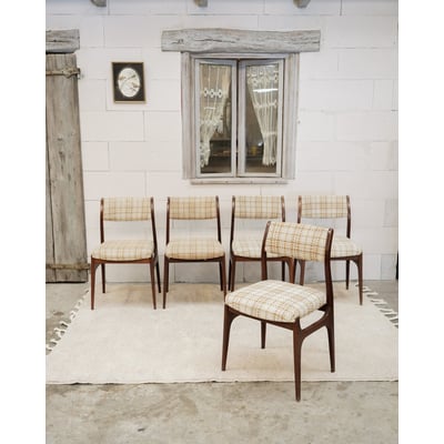 Lot de 5 chaises aux motifs à carreaux Alma N°1973 - Bon état DEBONGOUT