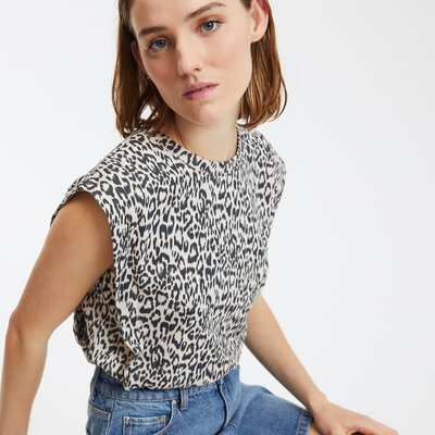 Leopard print sleeveless T-shirt with round collar LA REDOUTE COLLECTIONS