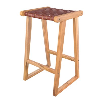 Tabouret pour îlot central 67 cm en teck et cuir (à l'unité) - YUMA RENDEZ-VOUS DÉCO