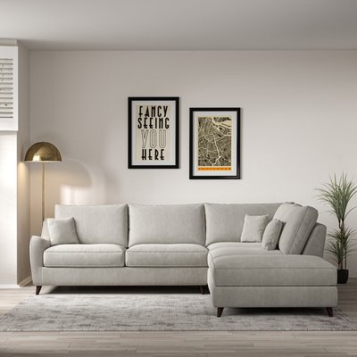 Amelia Soft Brushed Corner Sofa & Modular Footstool Set with Dark Wood Legs (Right Facing) SO'HOME