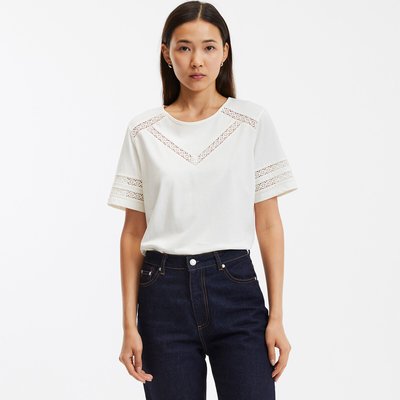 Cotton Crew Neck T-Shirt with Guipure Lace Detailing LA REDOUTE COLLECTIONS