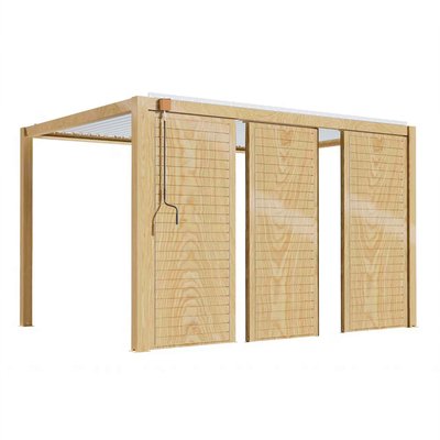 Pergola bioclimatique autoportée 3 x 4 m en aluminium blanc décor bois avec 1, 2 ou 3 claustras, CORATO OVIALA