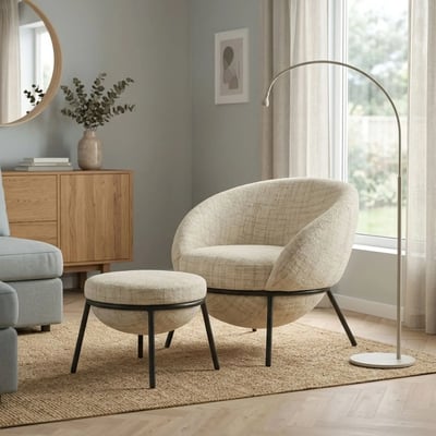Fauteuil design et repose-pied en tissu - MERO HELLIN, DEPUIS 1862
