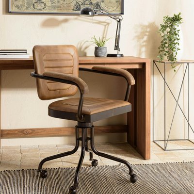 Fauteuil de bureau à roulettes cuir havane et bois TIM PIER IMPORT
