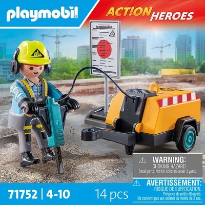 Action Heroes Ouvrier avec marteau-piqueur et signalisation PLAYMOBIL