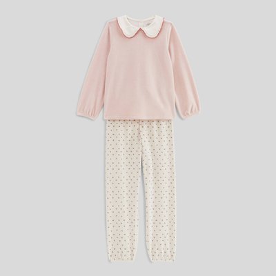 Pyjama long col claudine haut uni bas imprimé à fleurs en velours MONOPRIX