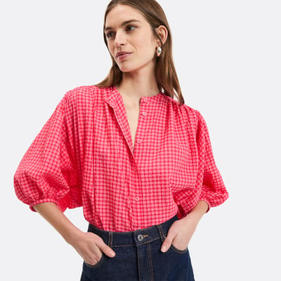 Chemise col mao à carreaux, volume oversize, en coton, Signature BERTHE LA REDOUTE COLLECTIONS