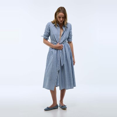 Robe midi cintrée rayée en coton et lin MONOPRIX