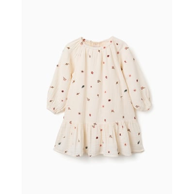 Robe en coton à manches longues avec broderie florale ZIPPY