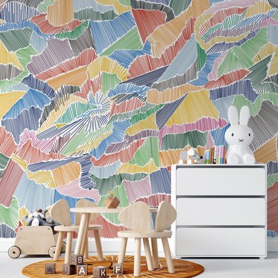 Papier peint hachures avec motifs multicolores pour enfants - 340x260 cm (l x h) LA TOUCHE ORIGINALE