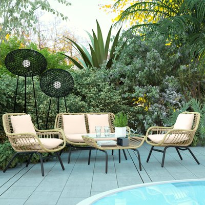 Salon de jardin 4 pers. 4 pièces style exotique coussins inclus beige OUTSUNNY