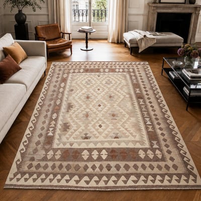 Tapis kilim au motif ethnique, tissé plat en laine naturelle UN AMOUR DE TAPIS