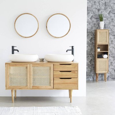 Meuble de salle de bain en mindi massif et cannage 135 cm HANA BERAH GETAH
