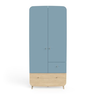 Armoire 2 portes et 2 tiroirs bleu orage et décor bois naturel - FIRMIANA CALICOSY