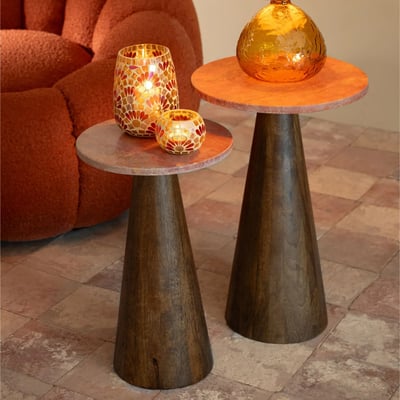 Tables basses en marbre terracotta et pied bois D35 (set de 2) - ASO HELLIN, DEPUIS 1862