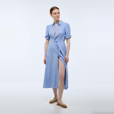 Robe midi cintrée unie contenant du lin MONOPRIX