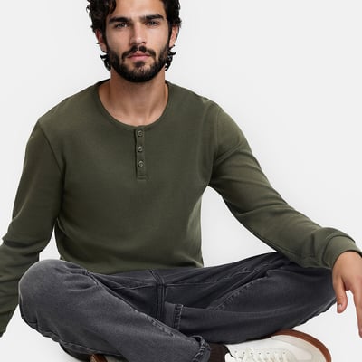 Koszulka z długim rękawem i kołnierzykiem typu grandad z efektem wafla, o dużej gramaturze LA REDOUTE COLLECTIONS