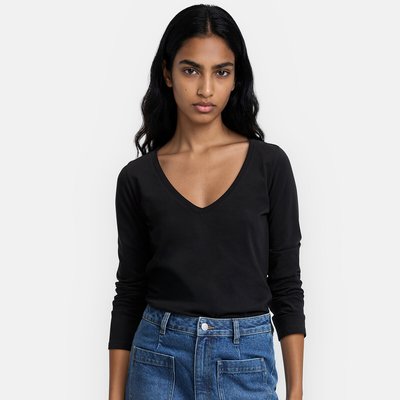 Cotton V-Neck T-Shirt with Long Sleeves LA REDOUTE COLLECTIONS
