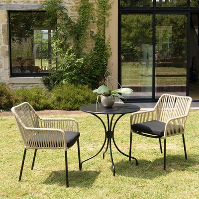 Salon de jardin 1 table ronde métal noir D70 cm - 2 fauteuils cordage couleur naturelle 1 coussin noir GIJON PIER IMPORT