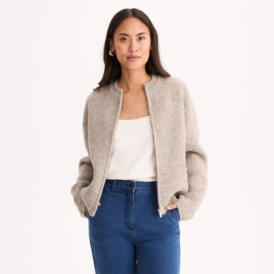Chunky Knit Crew Neck Zip-Up Cardigan ANNE WEYBURN