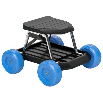 Tabouret de jardinage sur roues - plateau à outils intégré - bleu noir OUTSUNNY