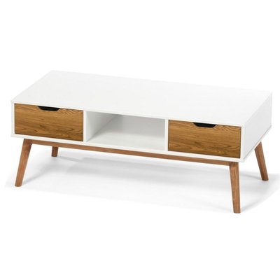 Table basse rectangulaire 1 casier et 2 tiroirs blanc et bois 110x55x42.5cm WADIGA