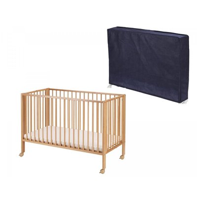 Lit pliable bois naturel avec matelas et housse de protection bleue TISSI