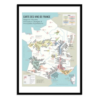 Affiche d’art et cadre noir 50 x 70 cm - Carte des vins de France - Frog Posters WALL EDITIONS