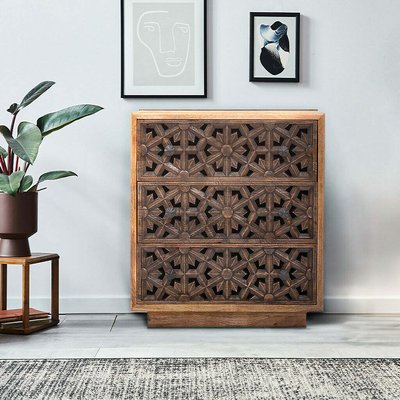 Zayna Carved Fretwork Mango Wood 3 Drawer Chest ÉDITÉ