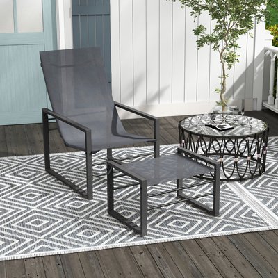 Ensemble fauteuil relax de jardin avec repose-pied métal noir tissu mesh gris OUTSUNNY