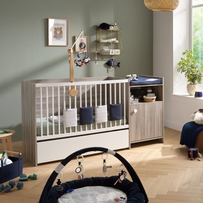 Lit bébé combiné évolutif en décor bois avec commode à langer 1 porte BABY PRICE
