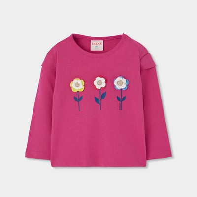 T-shirt fille en maille fraise broderie fleurs BOBOLI