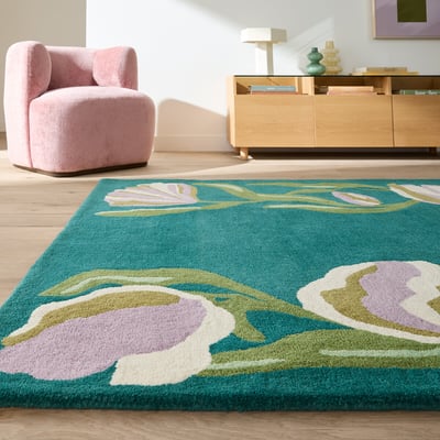 Tapis motif floral, tufté main, en pure laine, FLORALIA  LA REDOUTE INTERIEURS