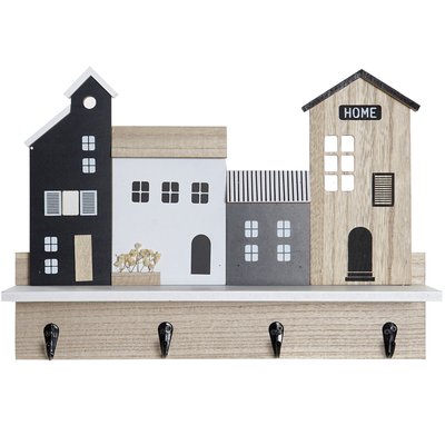 Portemanteau mural bois maisons avec 1 étagère WADIGA